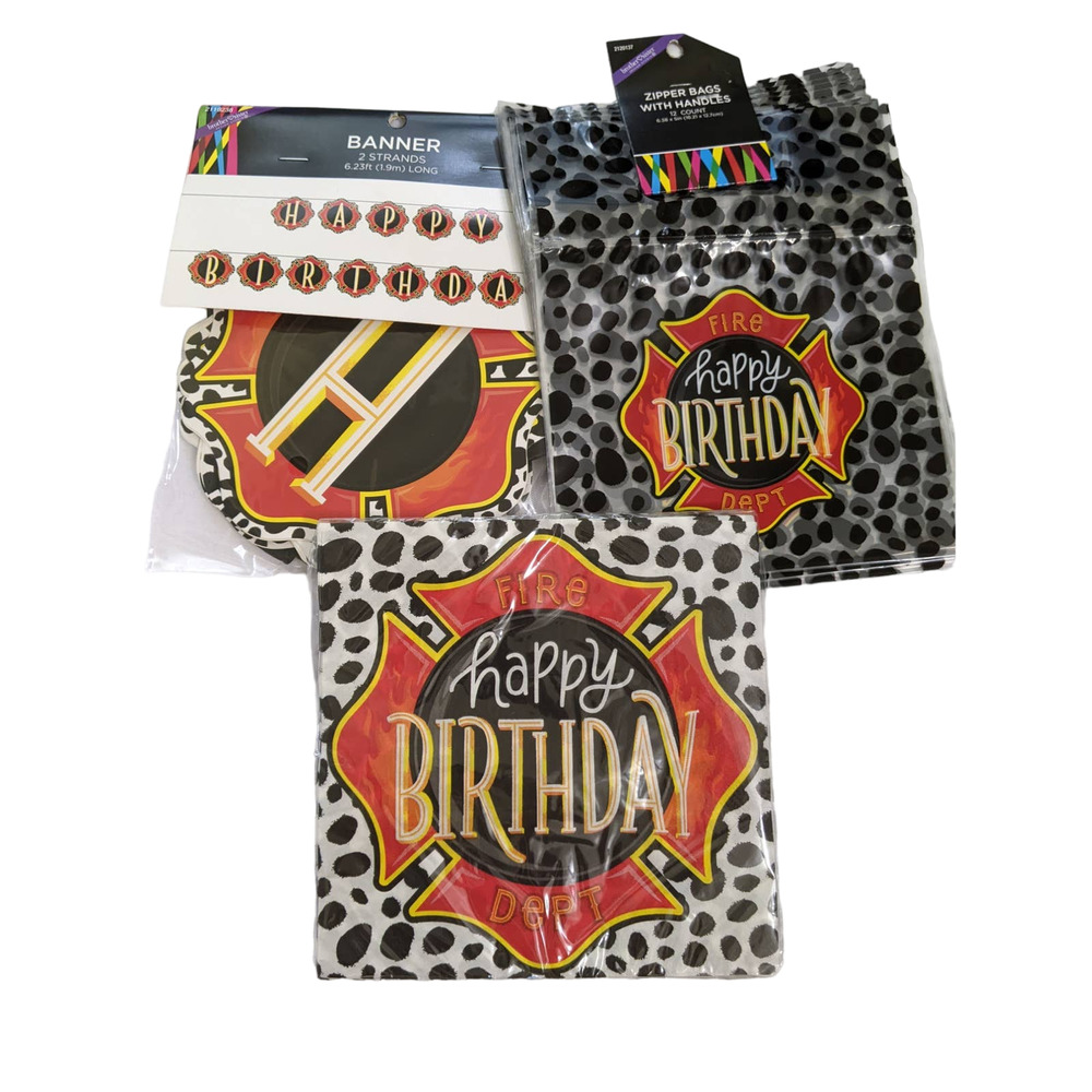 new happy birthday FIRE DEPARTMENT banner napkins zipper bag set lot celebration